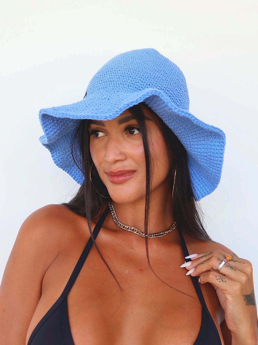 chapéu crochê azul céu